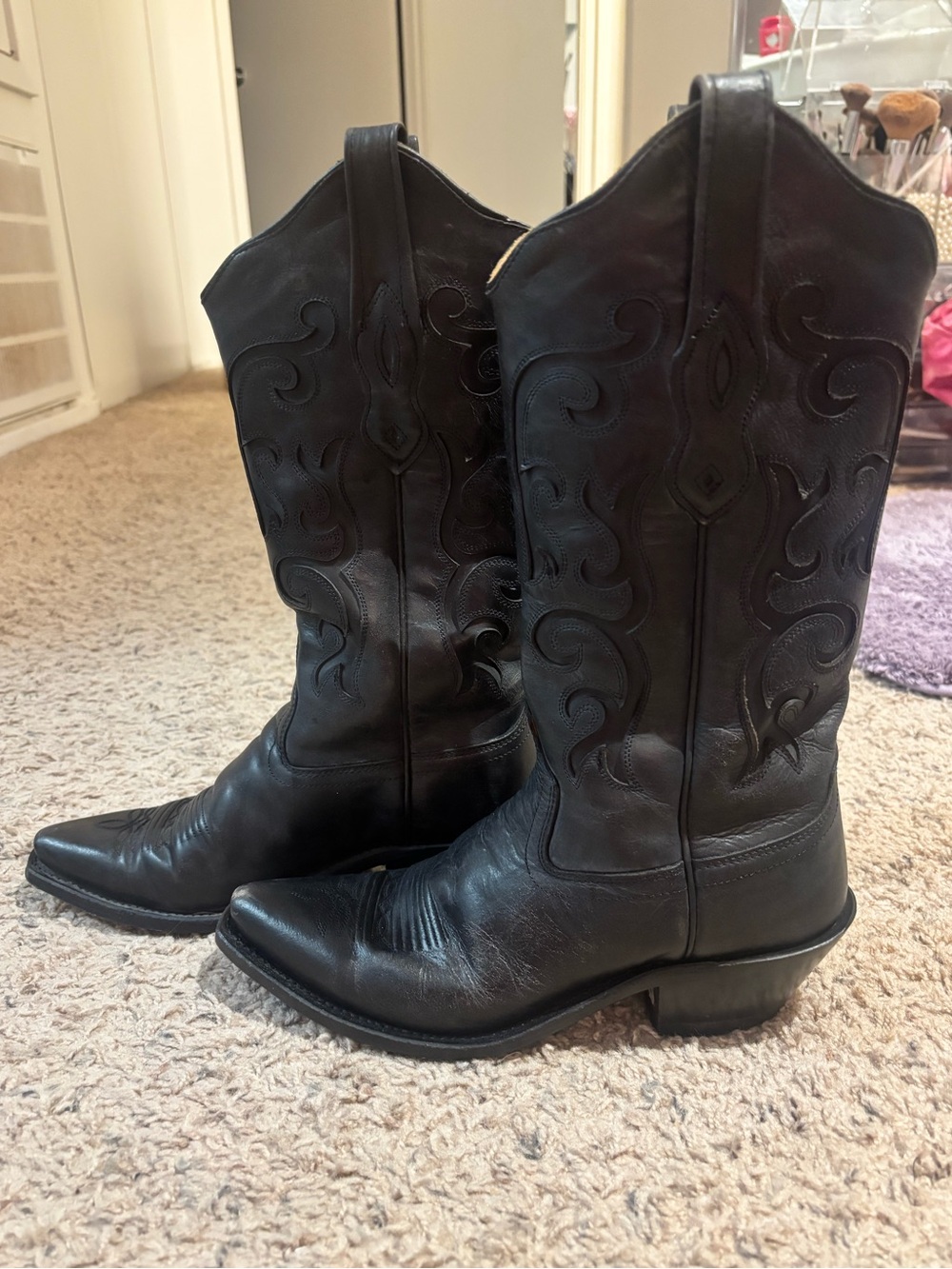 Old West Black Leather Cowboy Boots